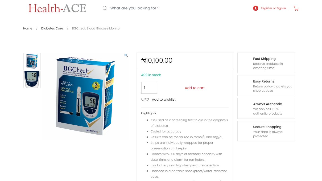 BGCheck Blood Glucose Monitor - Healthace